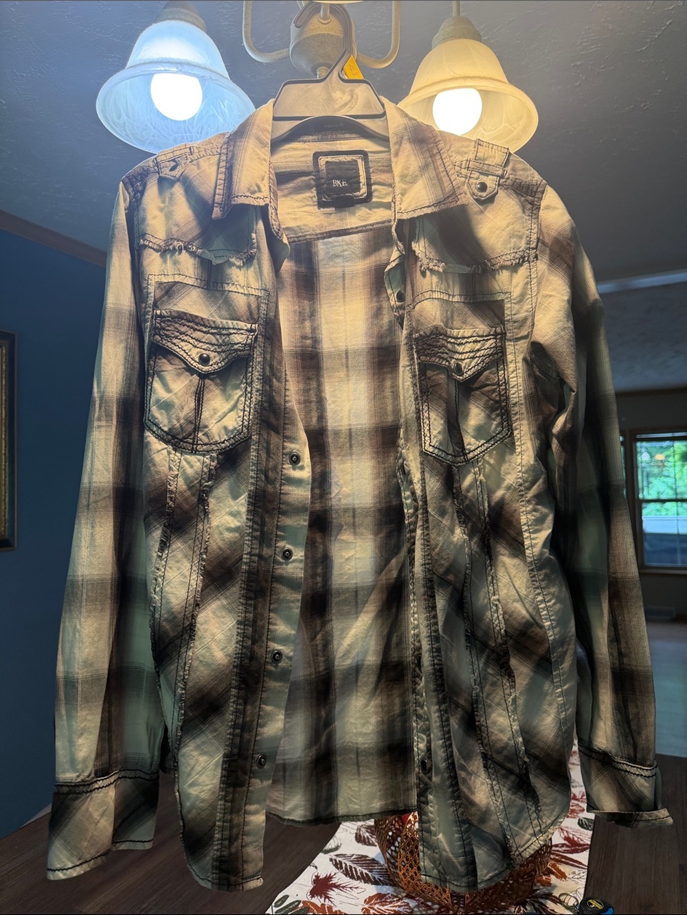 Buckle Plaid Button-Front Shirt Jacket in Green and Brown